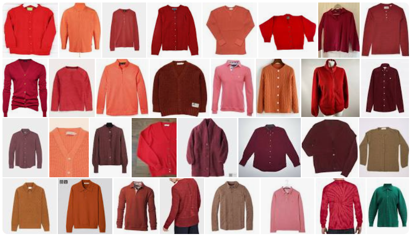 A grid of a variety of mostly red cardigans