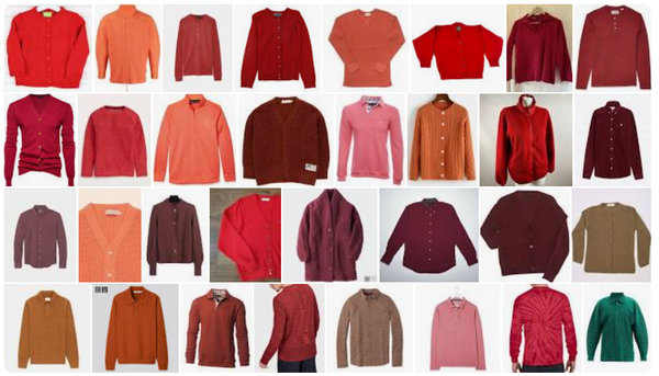 A grid of a variety of mostly red cardigans